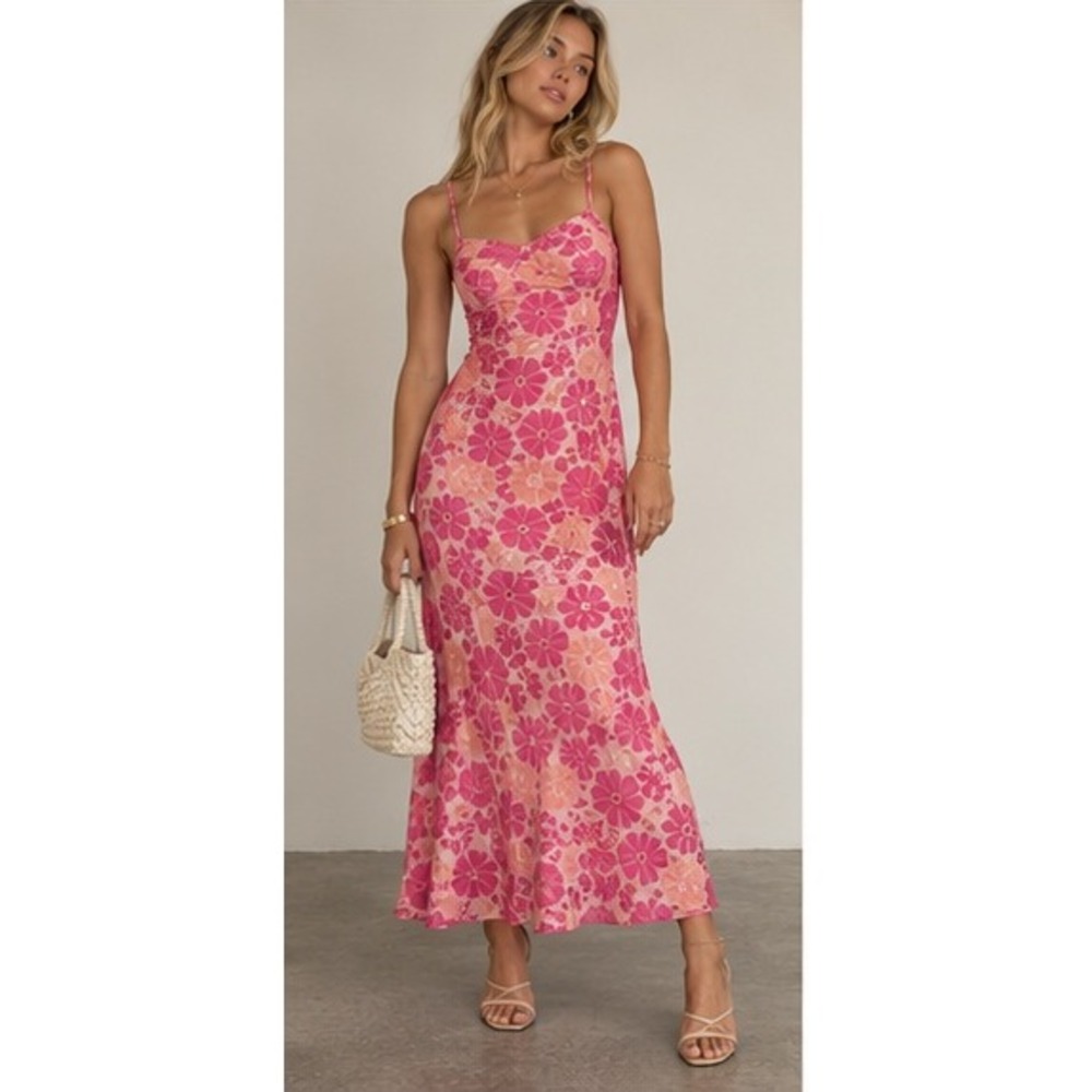 Y2K Fairy Cottage Pink Floral Satin Midi Dress Heart Jacquard Medium